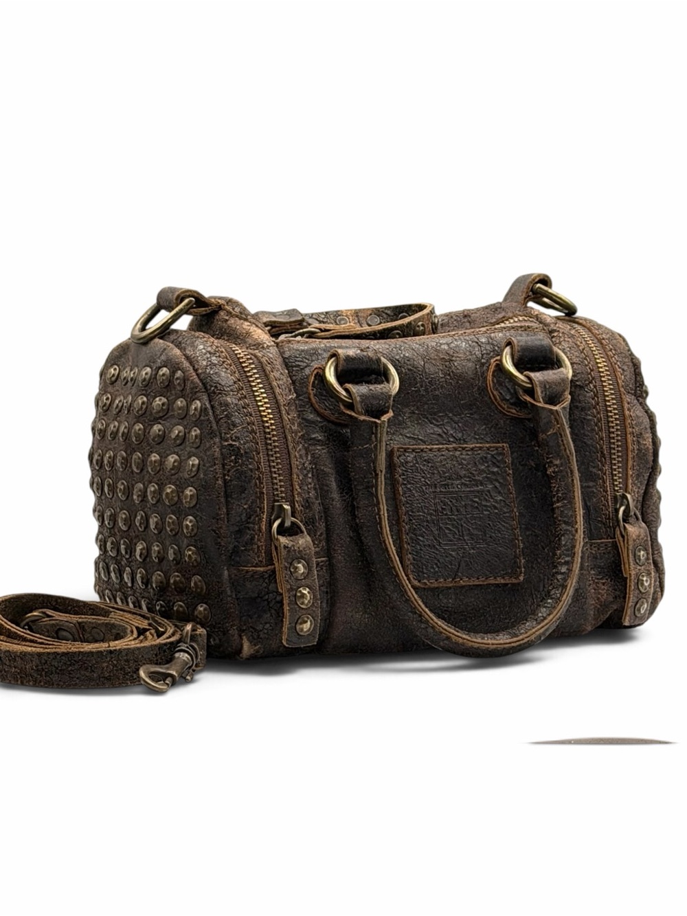 Frye Brooke Speedy Satchel in Studded Distressed Brown Leather